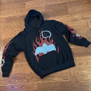 Men's Black Graphic Hoodie with Red and Blue Accents